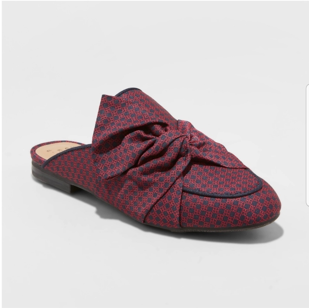 NEW Mules Preppy Bow Red Maroon Shoes Plaid Trendy - Picture 7 of 8